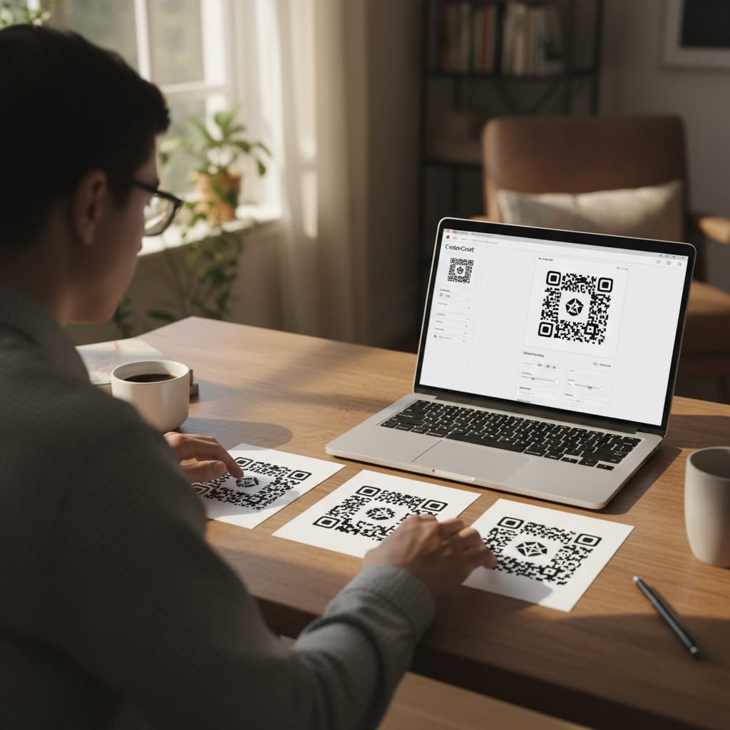 A person comparing three printed QR codes with different logos next to a laptop displaying a QR code generator website.
