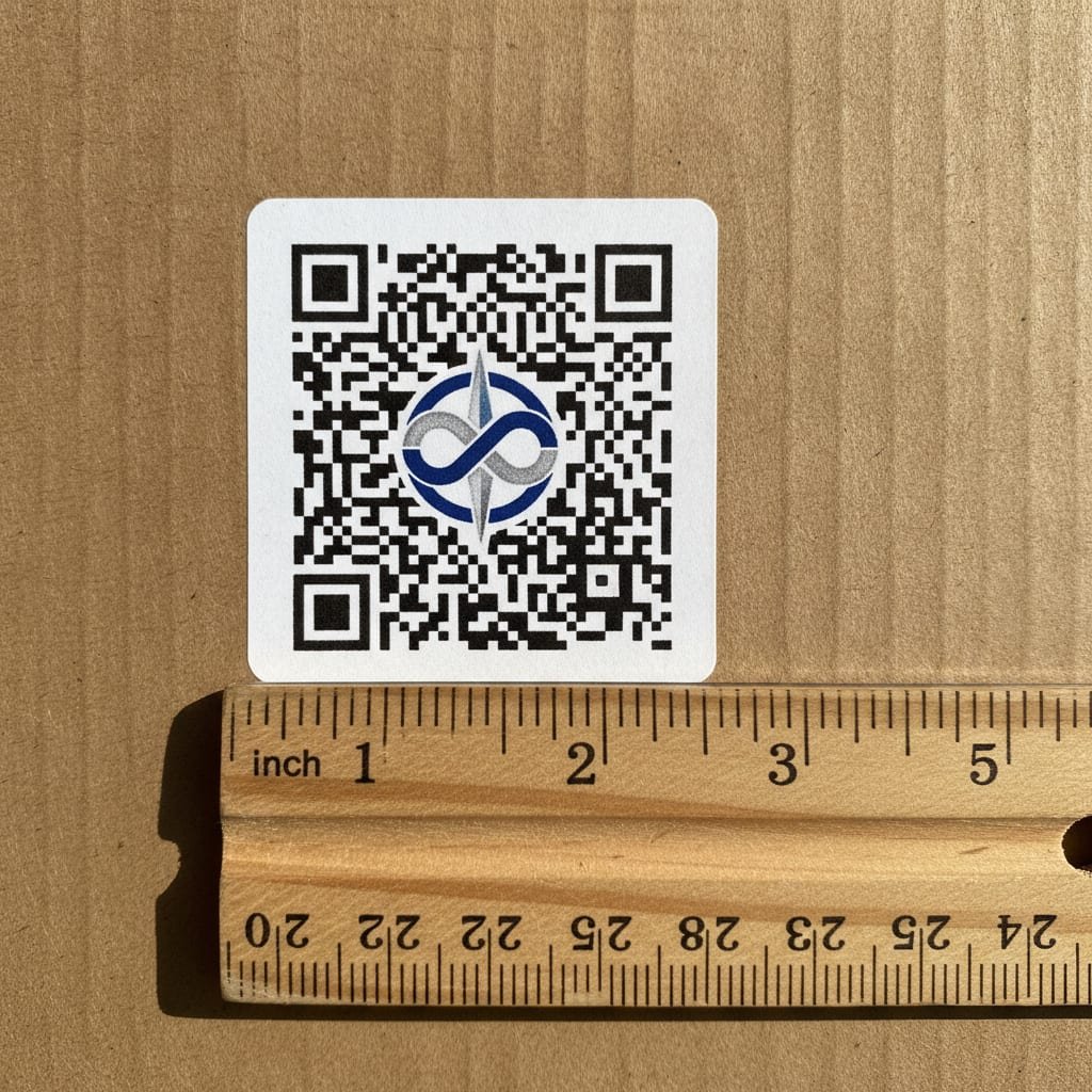 Close-up of a QR code on a label with a logo in the middle and a ruler beside it measuring its size.
