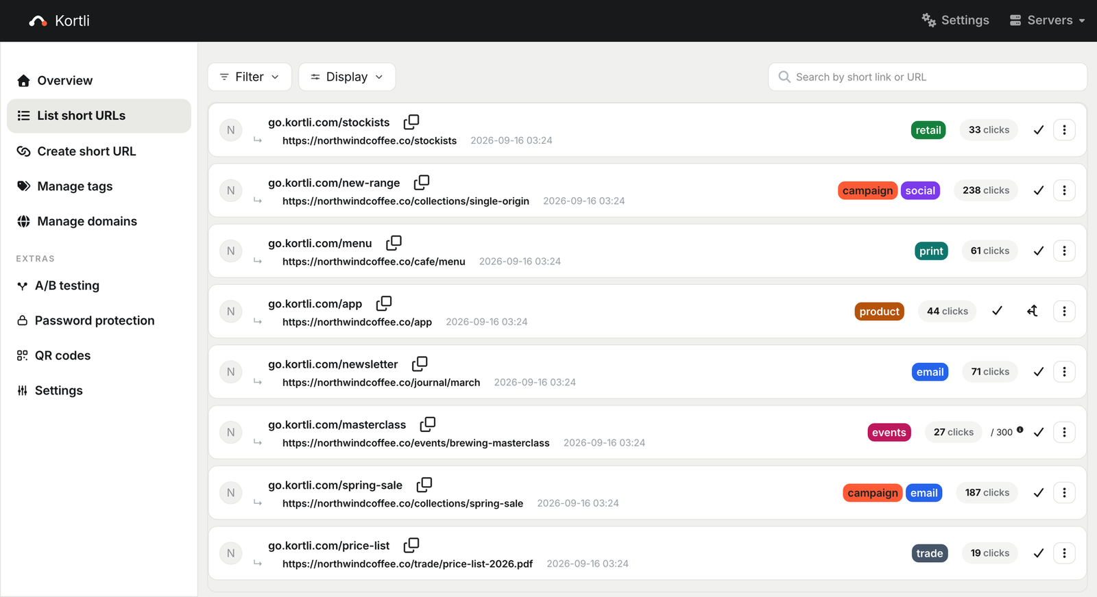 The Kortli links screen, showing short links on go.kortli.com with coloured tags and click counts
