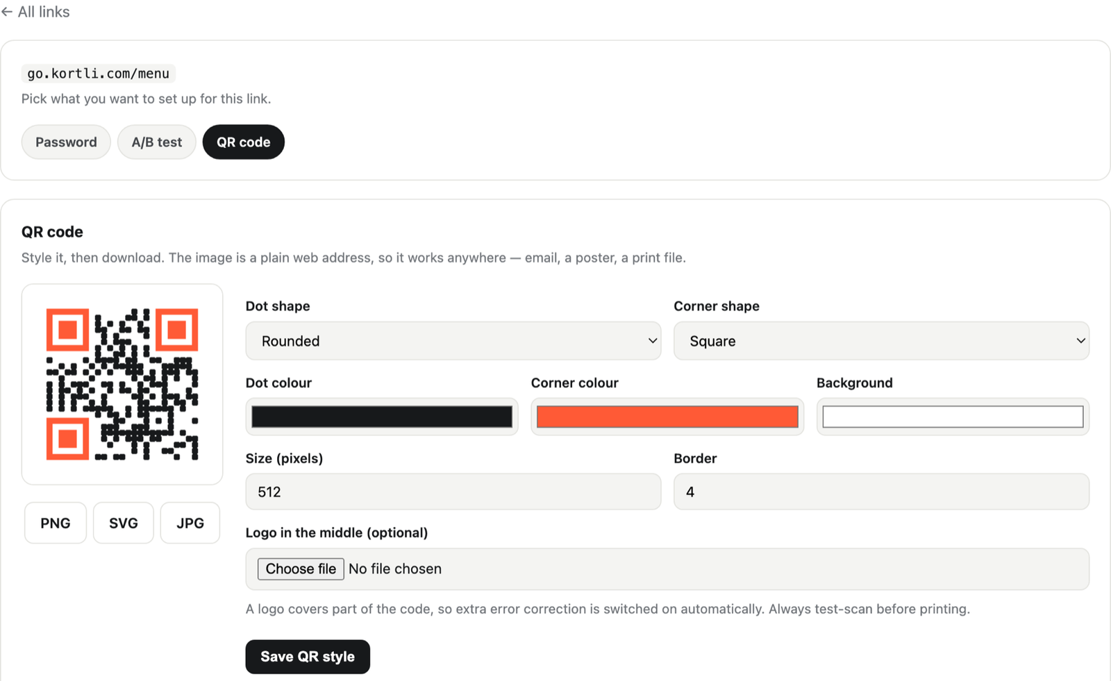 Styling a QR code in Kortli: dot shape, colours, size and a logo in the middle, with PNG, SVG and JPG downloads