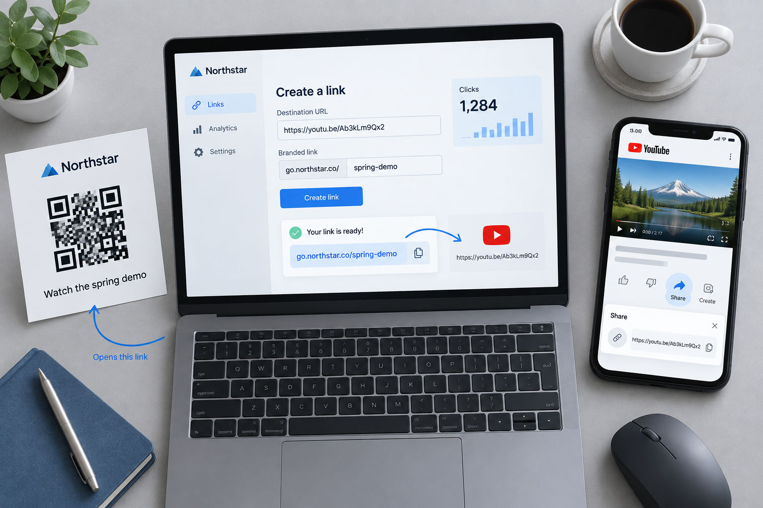 Overhead flat lay of a URL shortener YouTube workflow: laptop creates a branded link from a YouTube URL, with phone, QR code, and click stats.