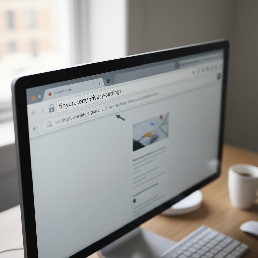 A browser address bar showing a short link next to a padlock icon, with the destination webpage loading behind it.