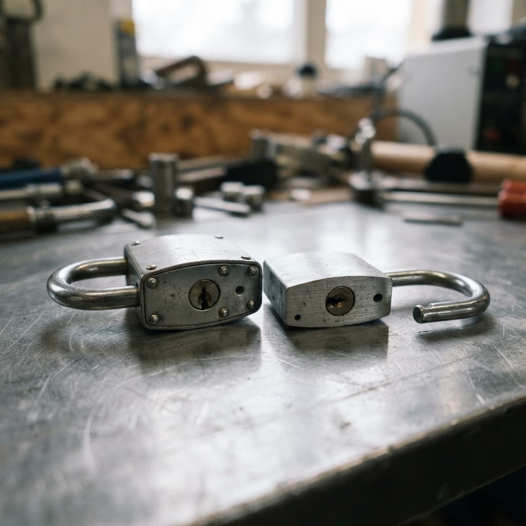 A closed padlock next to an open padlock on a reflective metal surface.