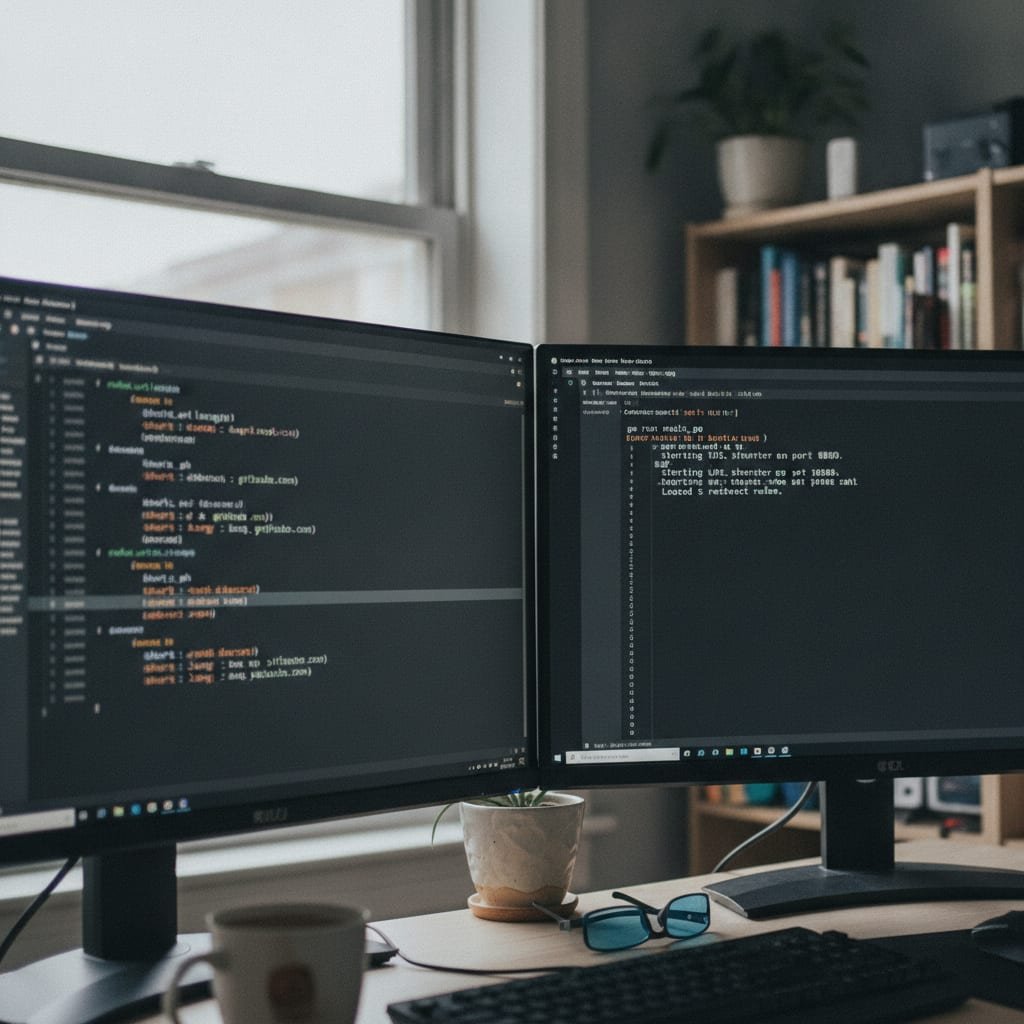 A computer screen displaying a code editor with a settings file and an open terminal window side by side.