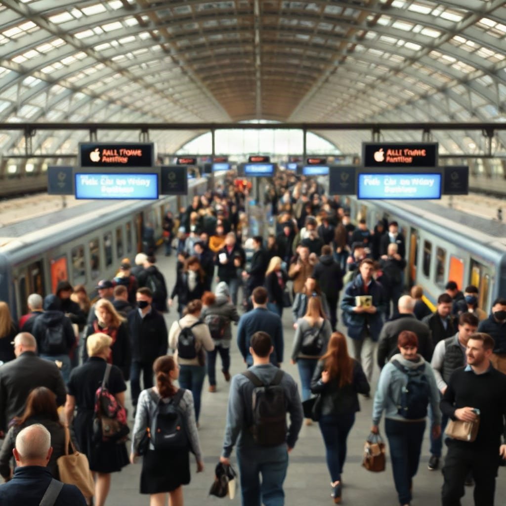 A crowded train station concourse with many commuters walking in different directions, viewed from above.