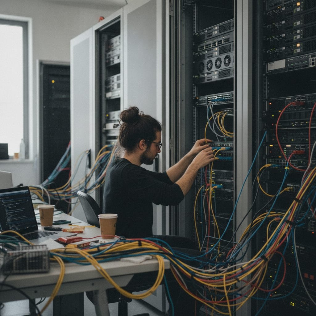 A developer connects a cable into a server rack switch surrounded by other networking equipment.