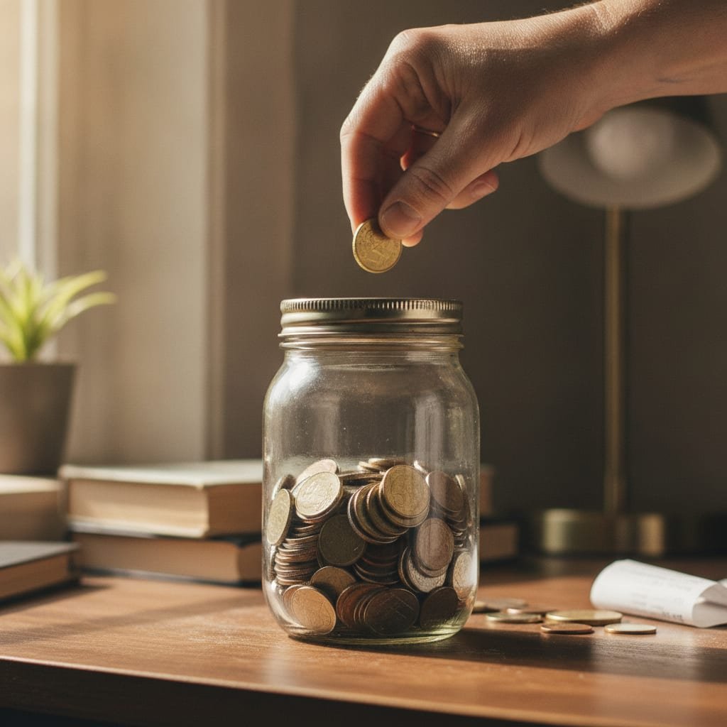 A hand dropping a coin into a glass jar partially filled with coins on a desk.