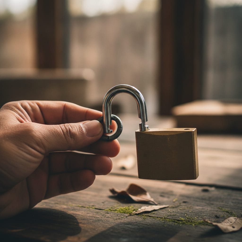 A hand holding a metal chain link next to a separate small padlock on a table.