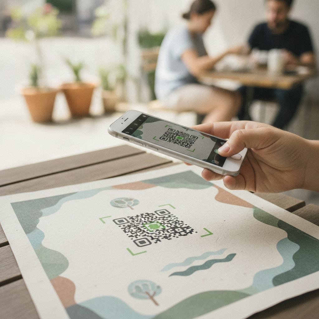 A hand holding a smartphone above a poster to photograph a printed QR code at an angle.