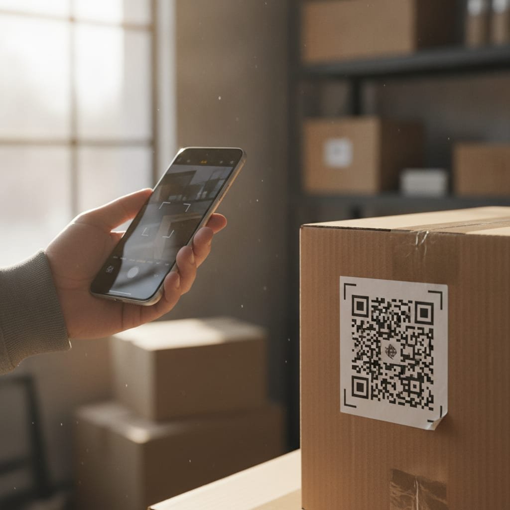 A hand holding a smartphone to scan a QR code sticker on a cardboard box.