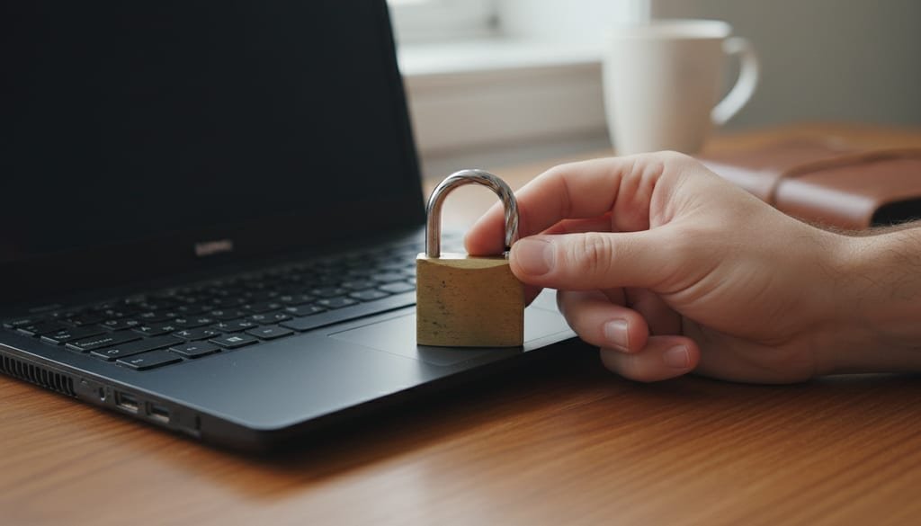 A hand holds a small metal padlock beside a closed, powered-off laptop on a desk.