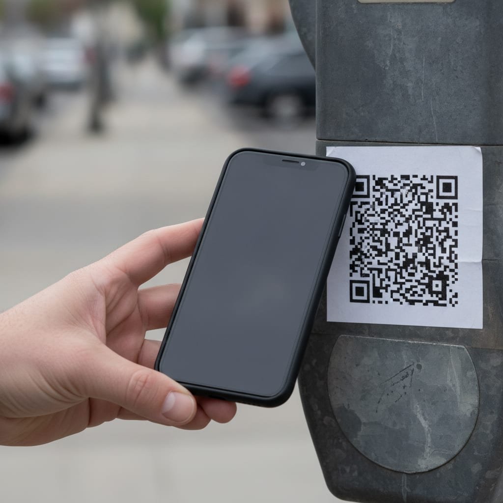 A hand hovers over a smartphone near a QR code sticker that has been placed over a parking meter.