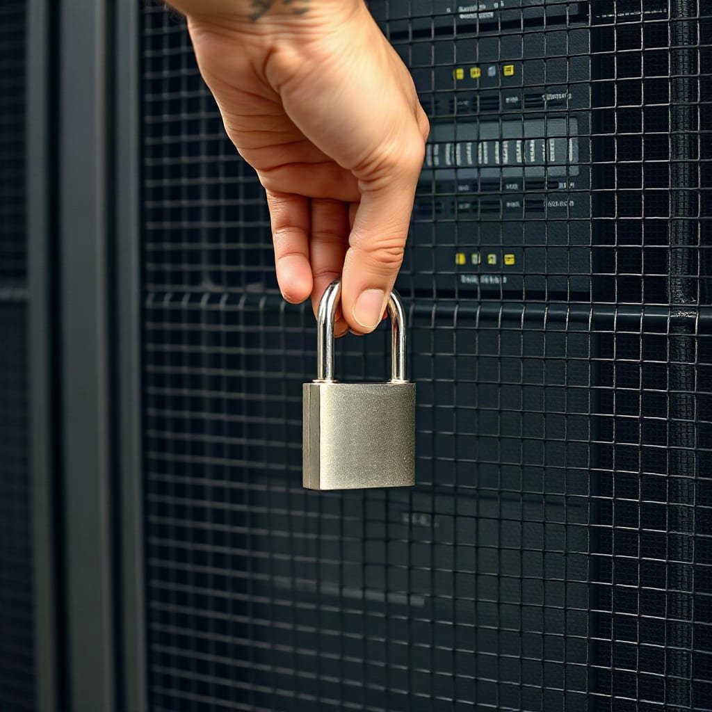 A hand locking a padlock on the mesh door of a small server cabinet.