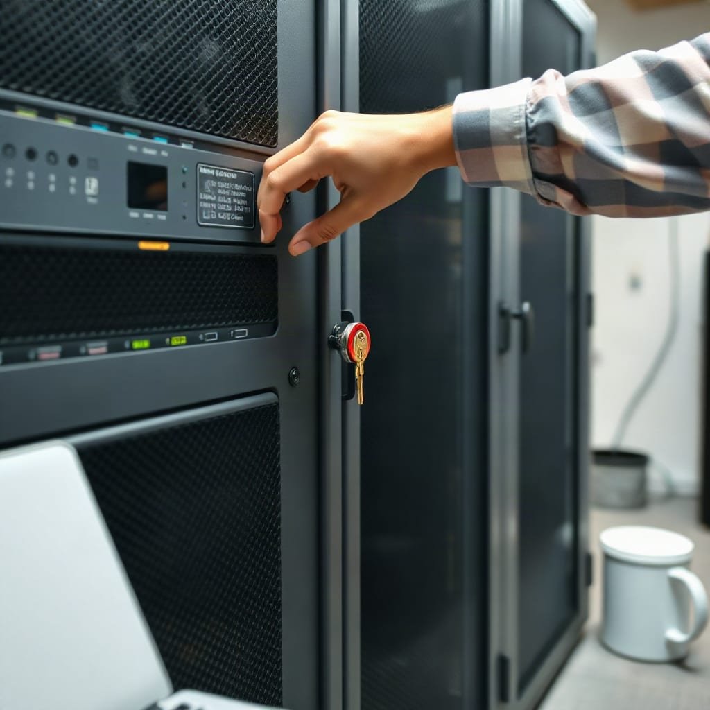 A hand locking a server cabinet door with a key.