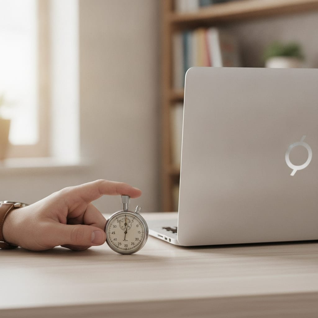 A hand presses a stopwatch button on a desk beside a laptop seen from behind.