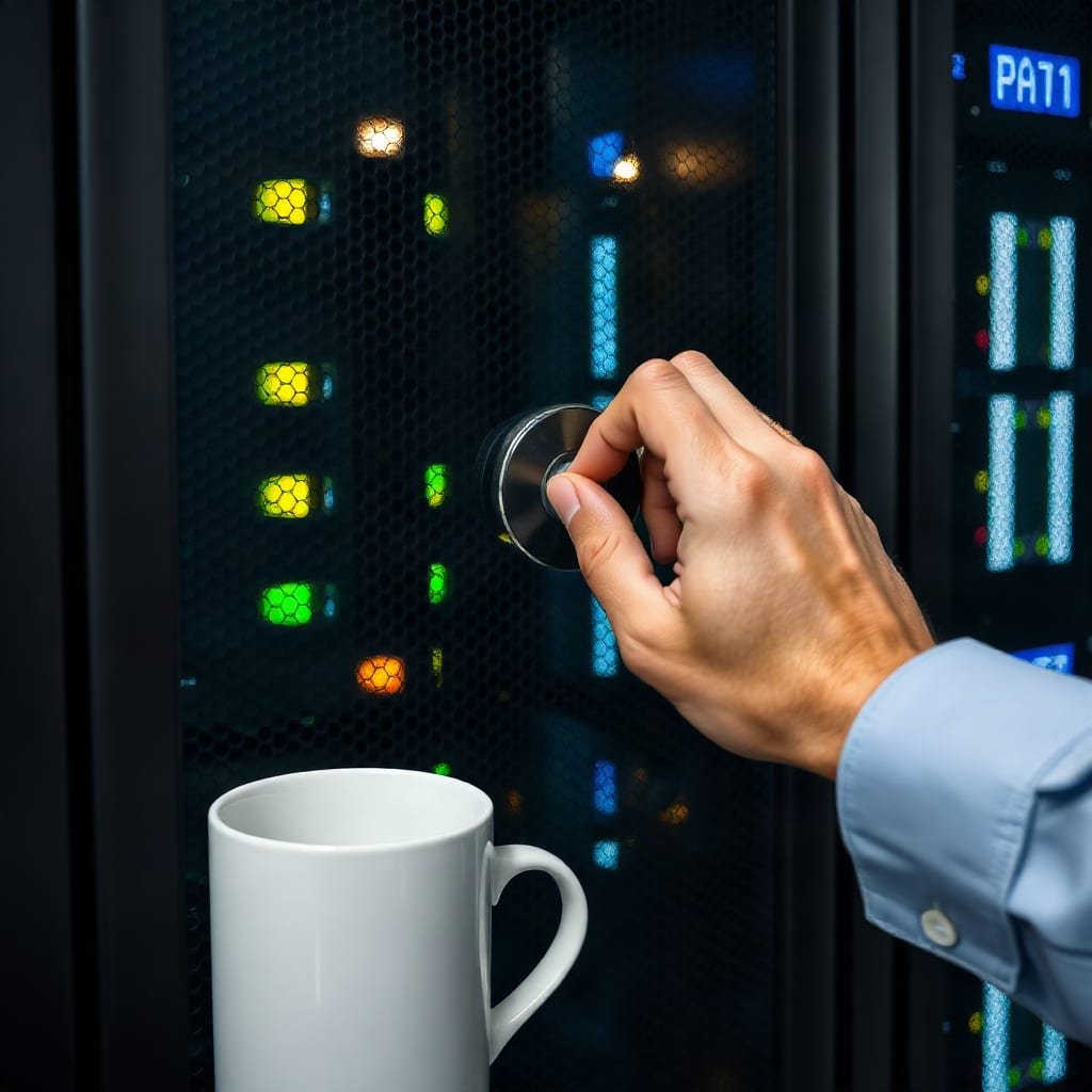 A hand turns a key in the lock of a server cabinet door, with blinking server lights visible through the mesh.
