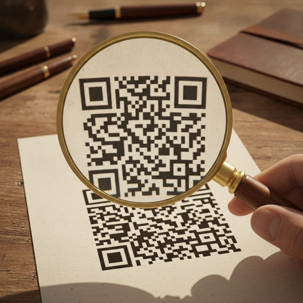 A magnifying glass positioned over a printed QR code, enlarging the view of its three corner squares.