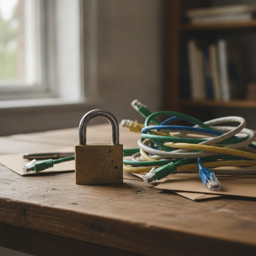 A metal padlock resting on a desk beside a coiled ethernet cable.