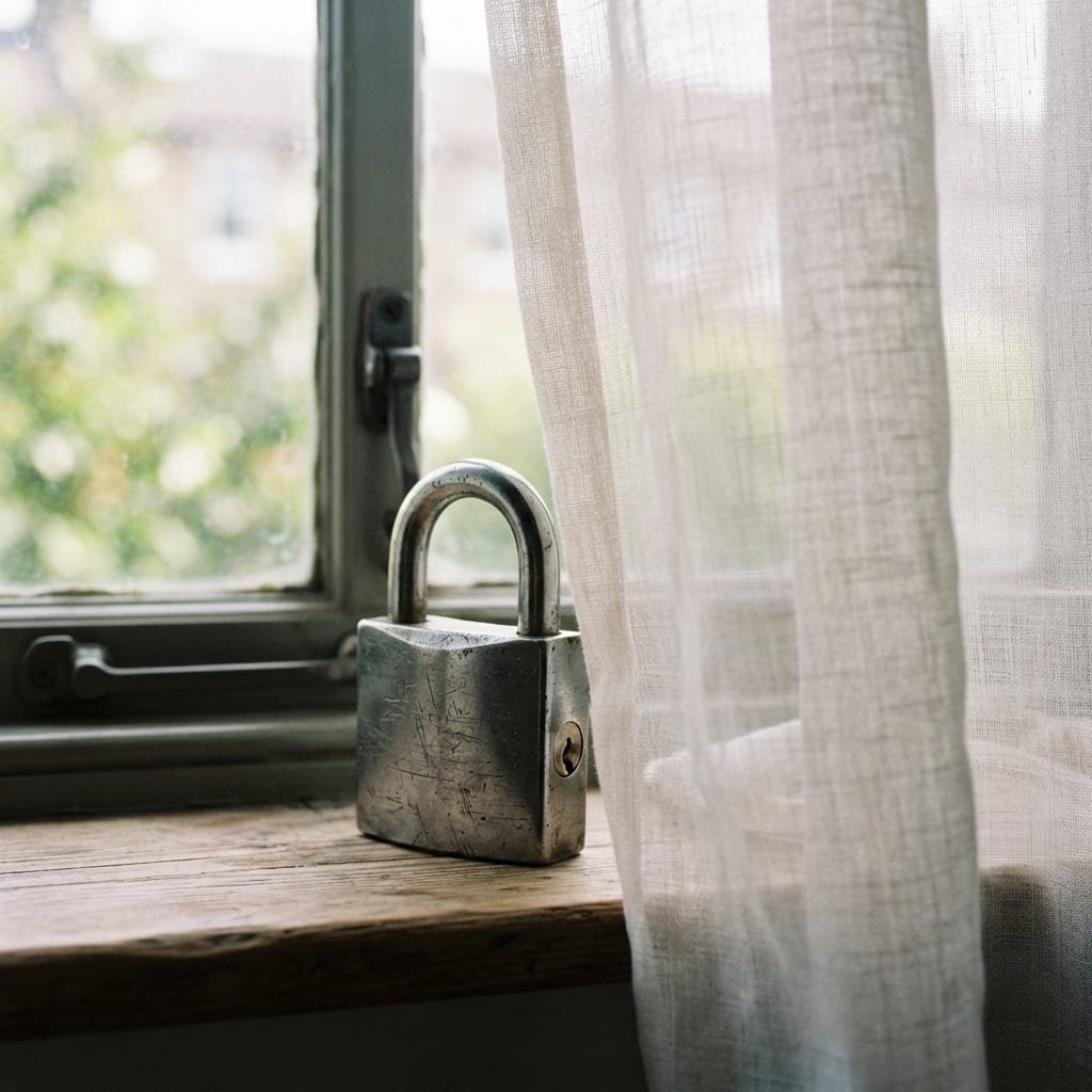 A padlock placed beside a curtain partially drawn over a window.