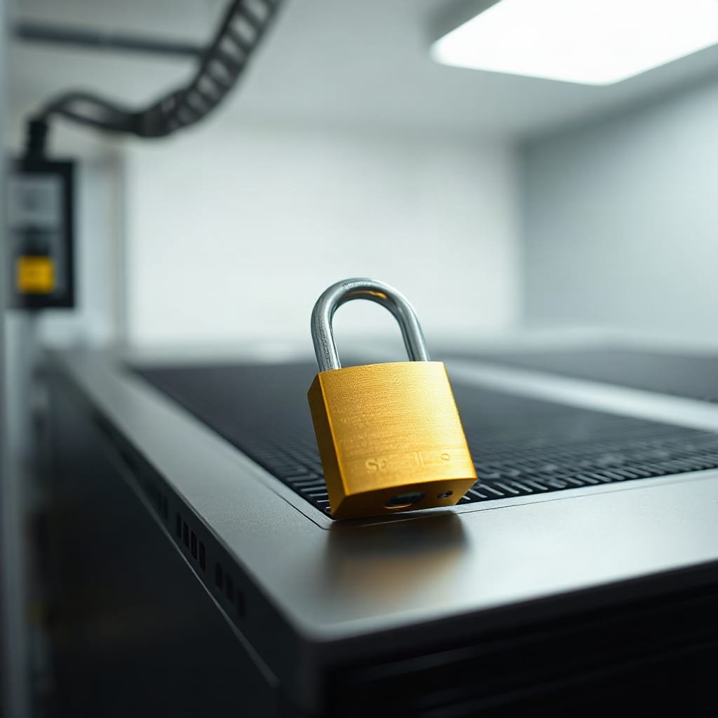 A padlock sitting on the closed metal panel of a server rack.