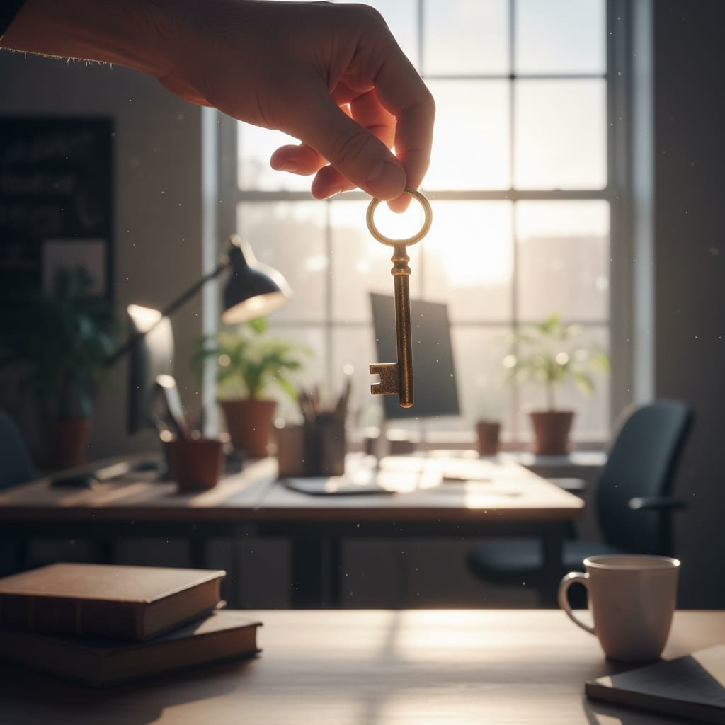 A pair of hands holding a single brass key in an office.
