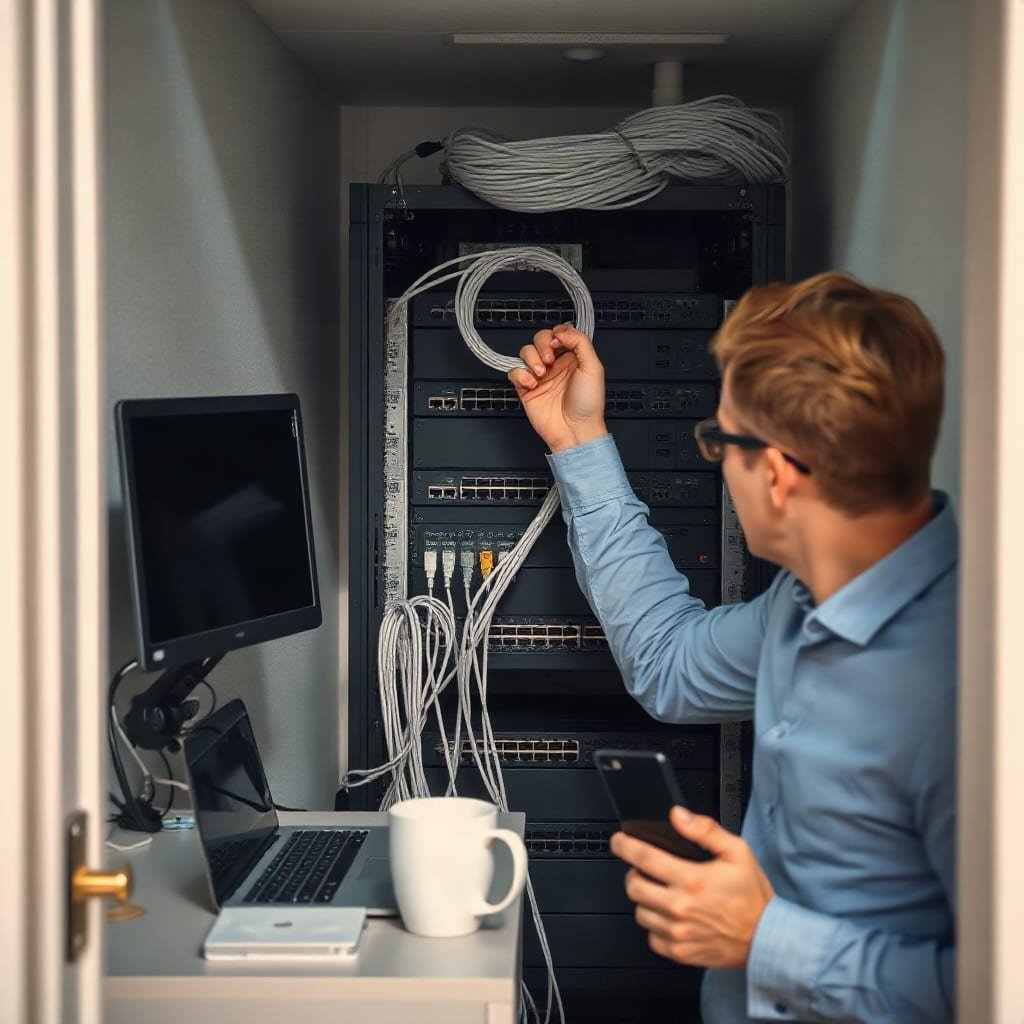 A person arranges network cables connecting a small rack of servers in an office equipment closet.