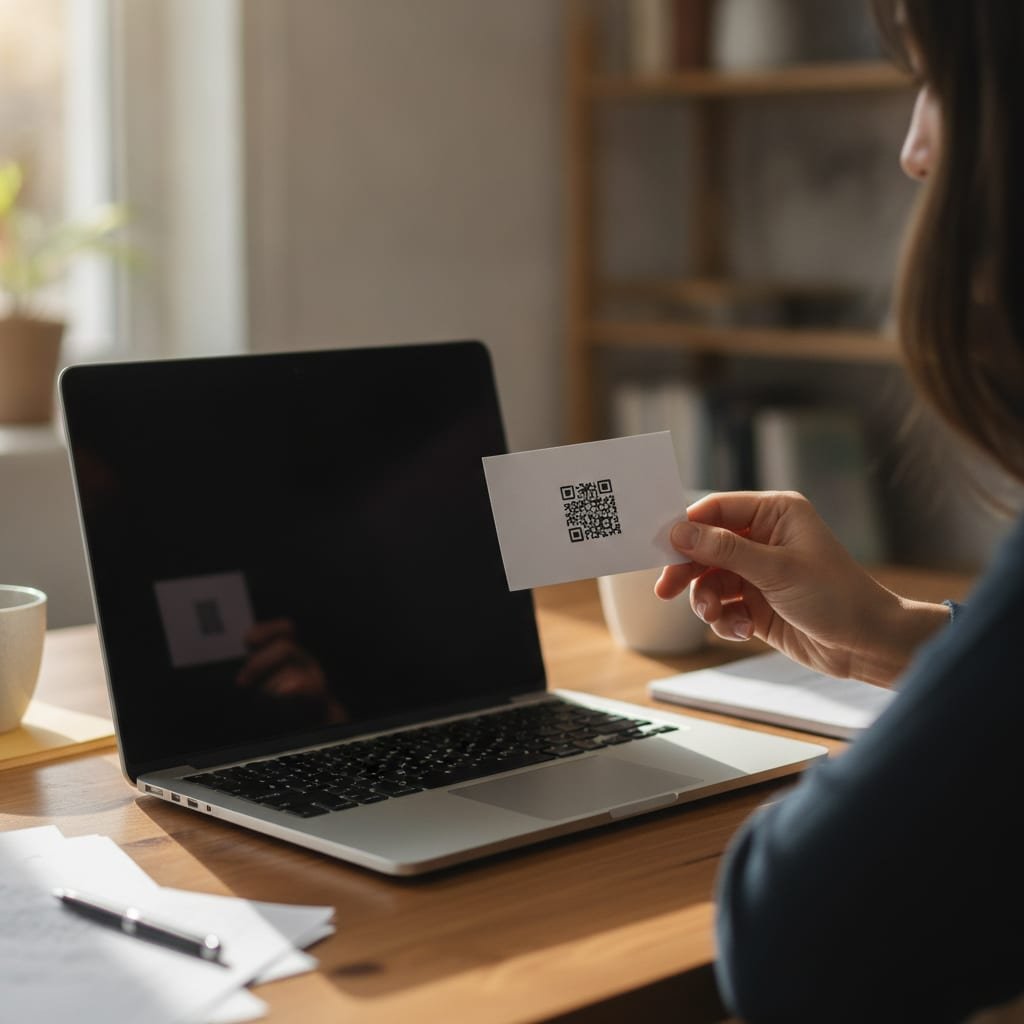 A person at a desk holding a plain card with a QR code beside a closed laptop.