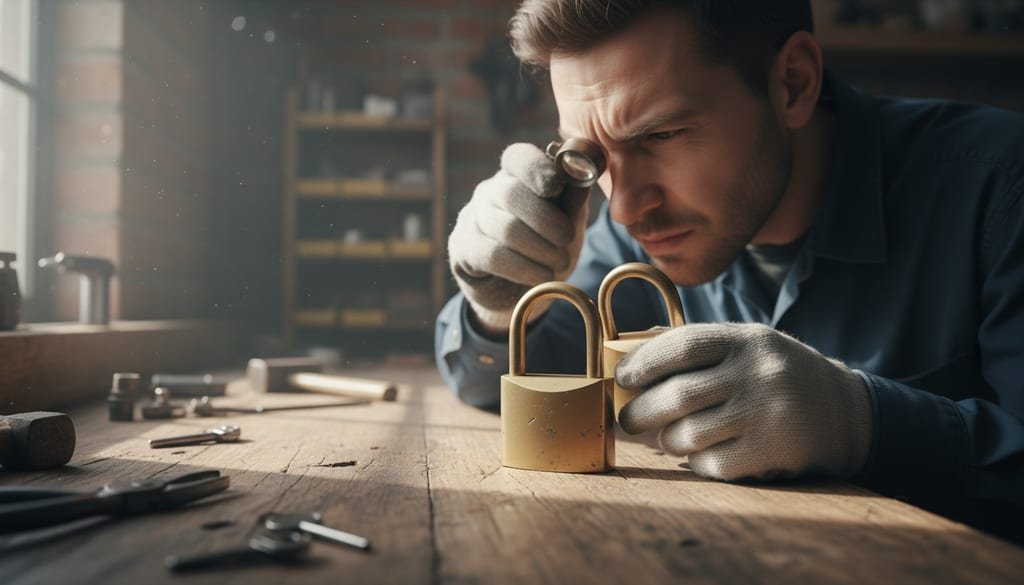 A person comparing two small padlocks placed next to each other on a workbench.