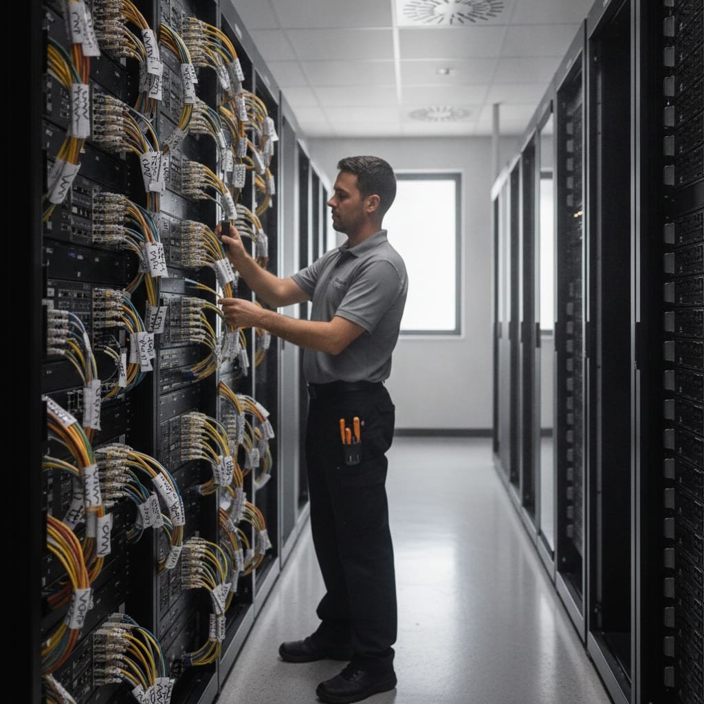 A person examining a wall of network patch panels and cables in a data center.