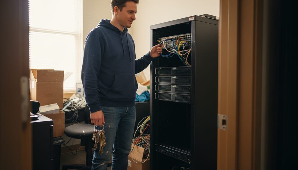 A person holding a set of keys beside a small server rack in an office closet.