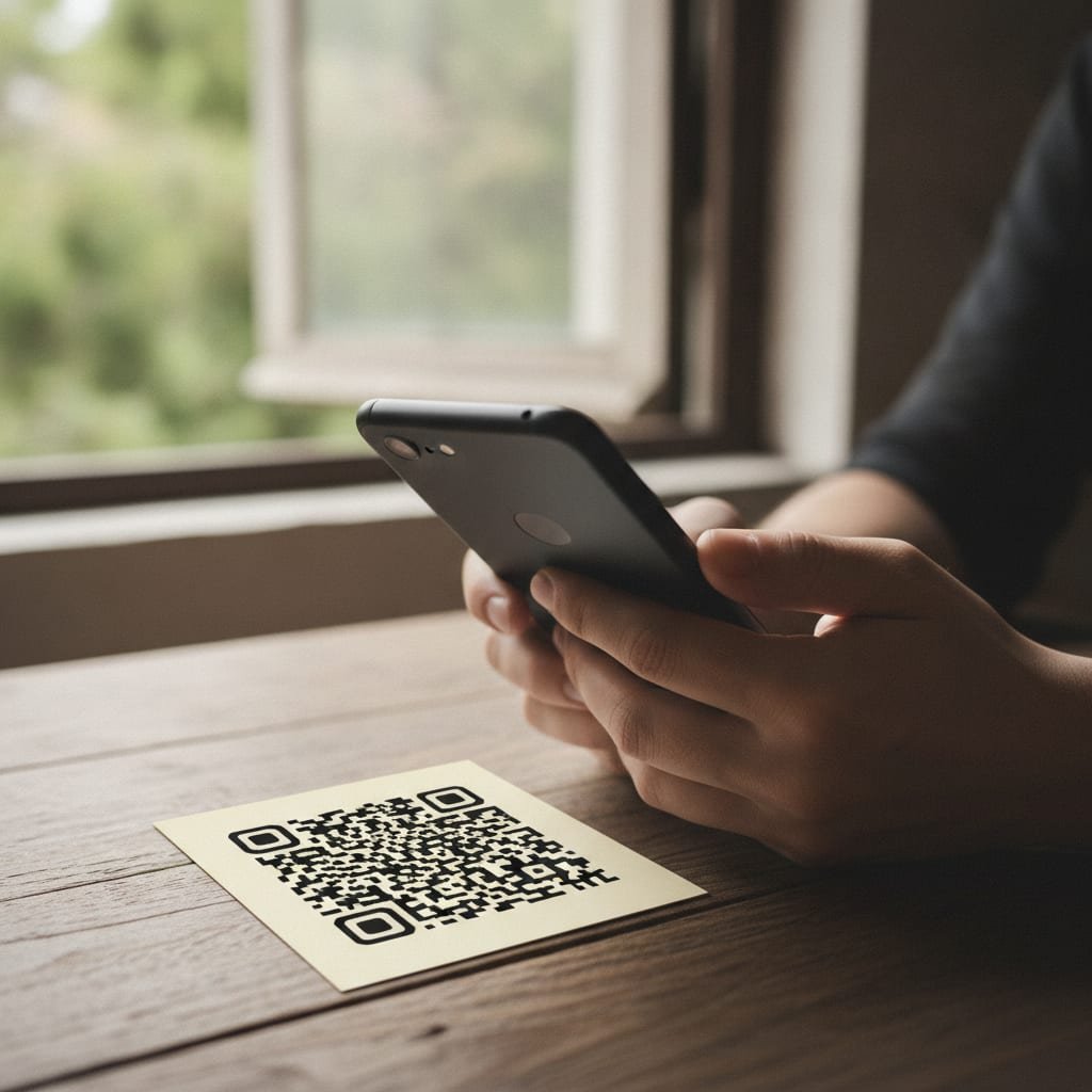 A person holding a smartphone screen-side down near a plain QR code card on a desk.