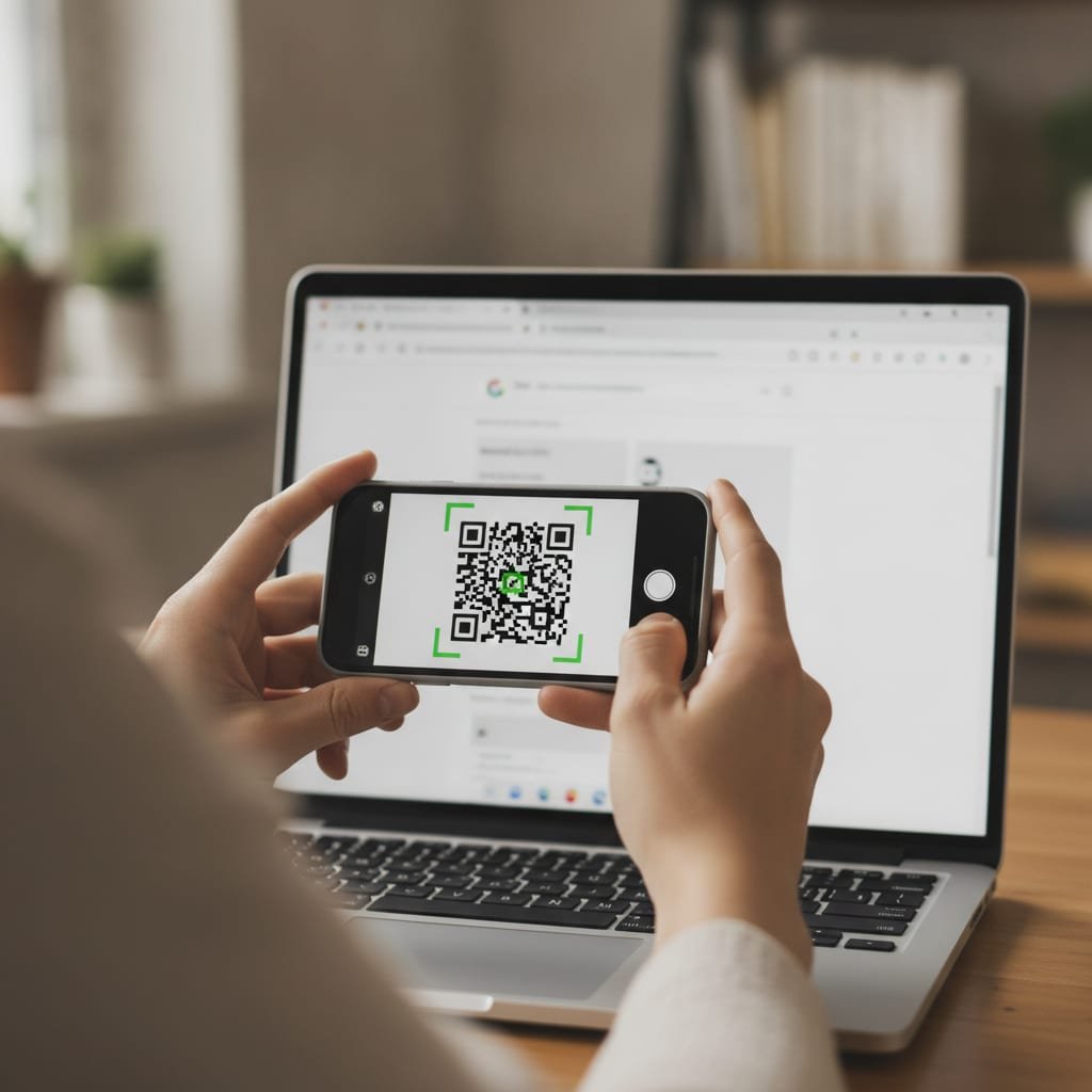 A person holding a smartphone up to scan a QR code shown on a laptop screen, with a web browser window visible behind it.