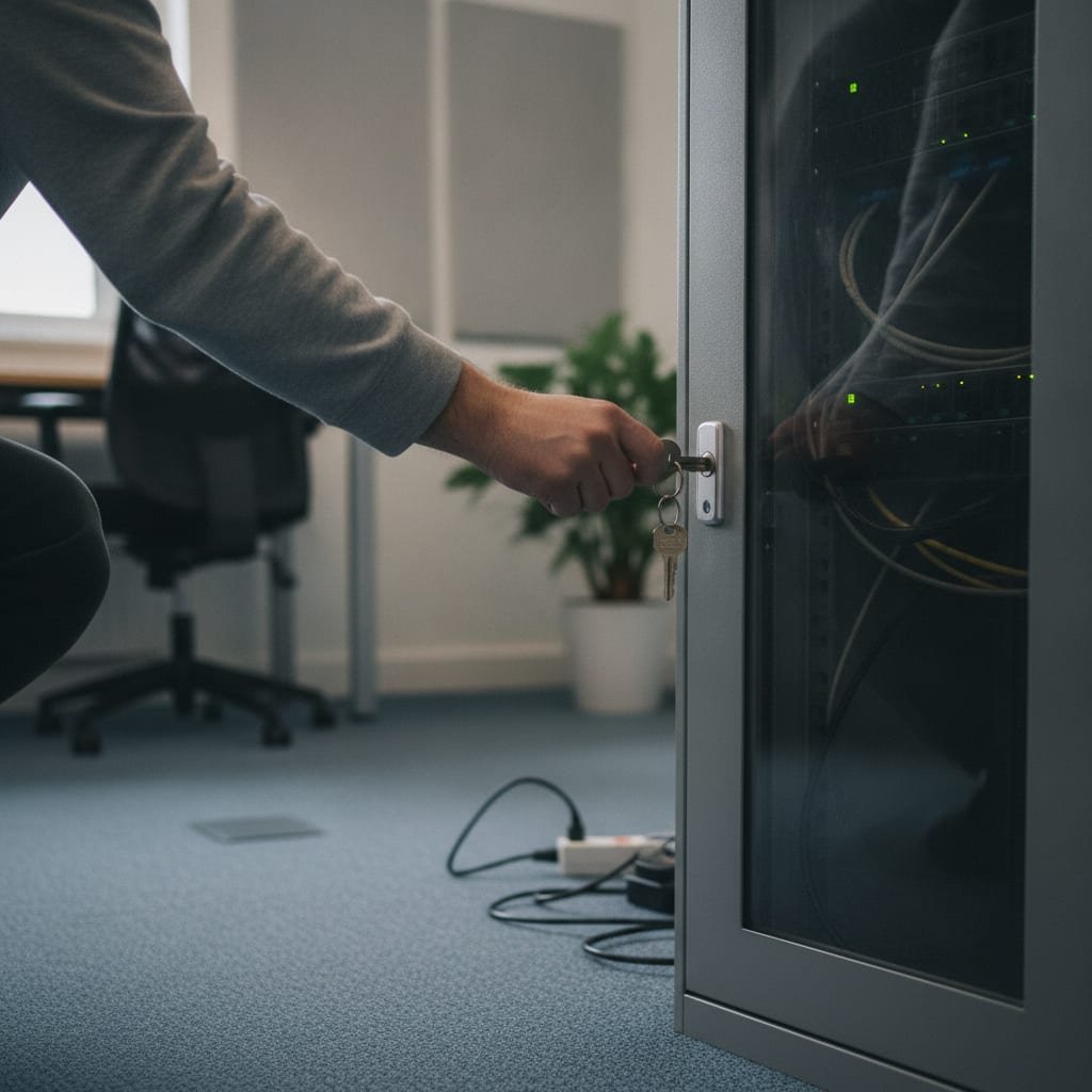 A person locking a small server cabinet with a key in an office corner.