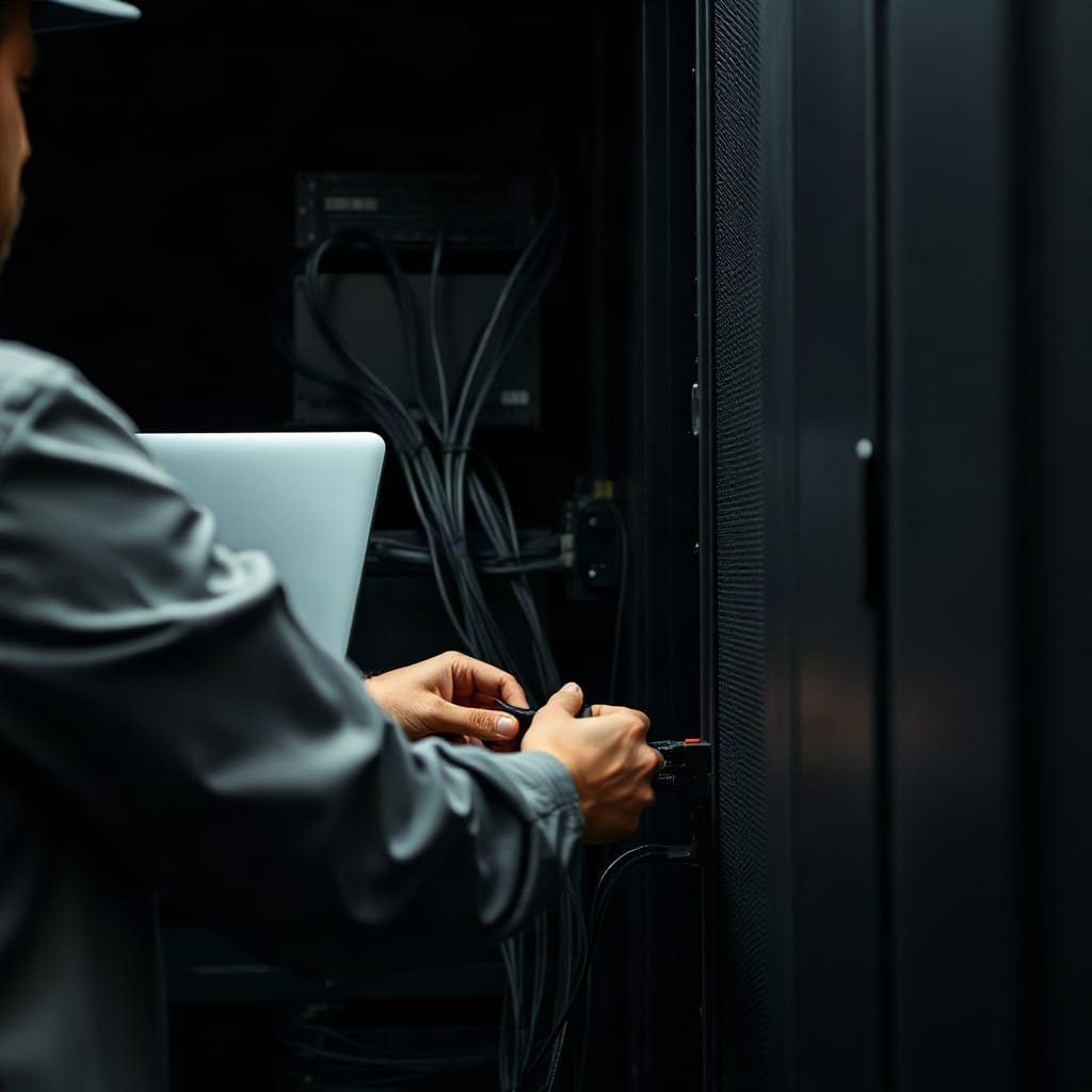 A person's hands adjusting cables on the back of a server rack.