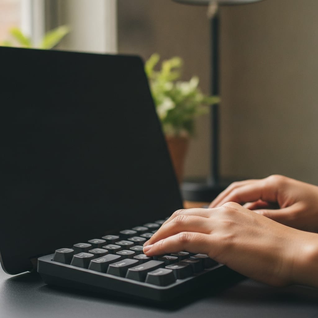 A person's hands resting on a keyboard beside a closed laptop in a dim office setting.