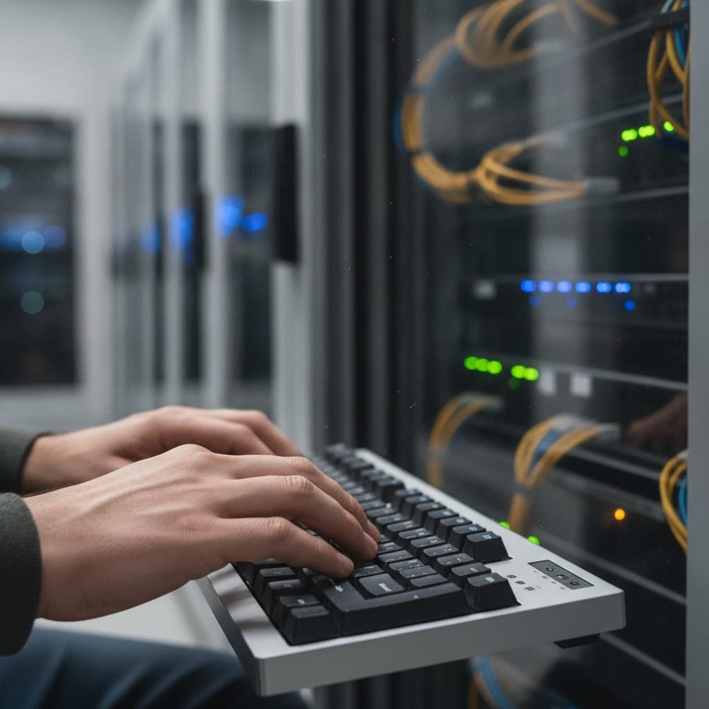 A person's hands typing on a keyboard with a server rack visible through a glass panel in the background.