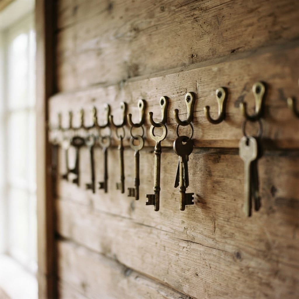 A row of keys on hooks with one hook left empty