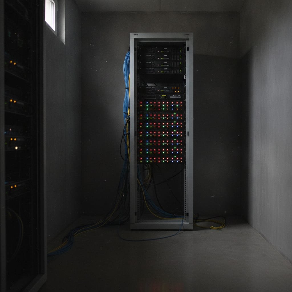 A server rack with indicator lights glows in a dim server room.