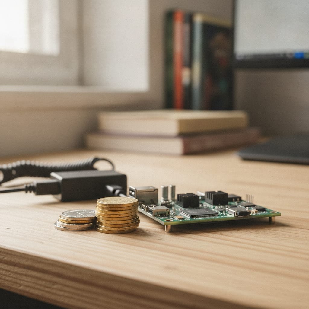 A stack of coins beside a small single-board computer and its power adapter on a desk.