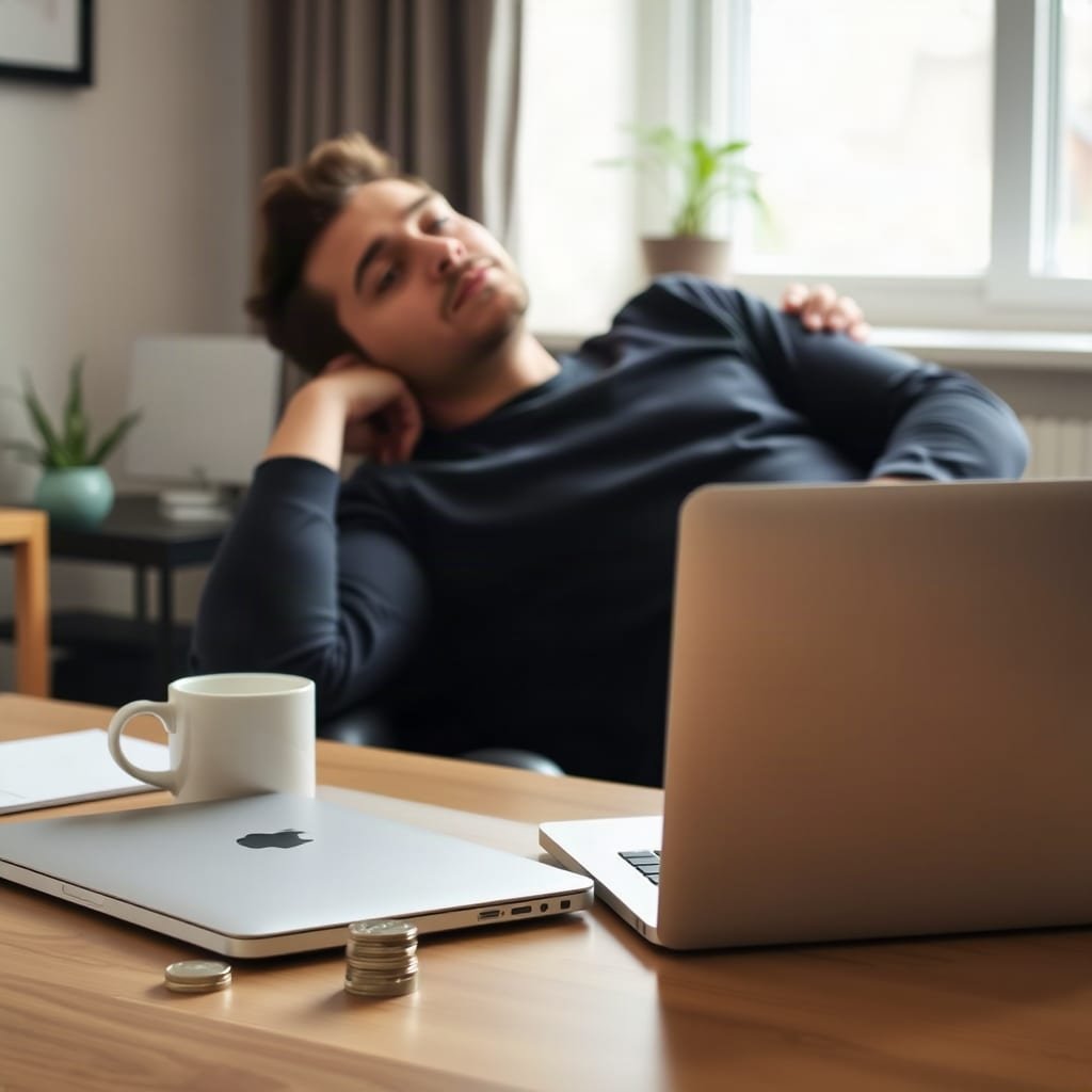 A thoughtful person sitting at a desk looking at a small stack of coins next to a closed laptop.