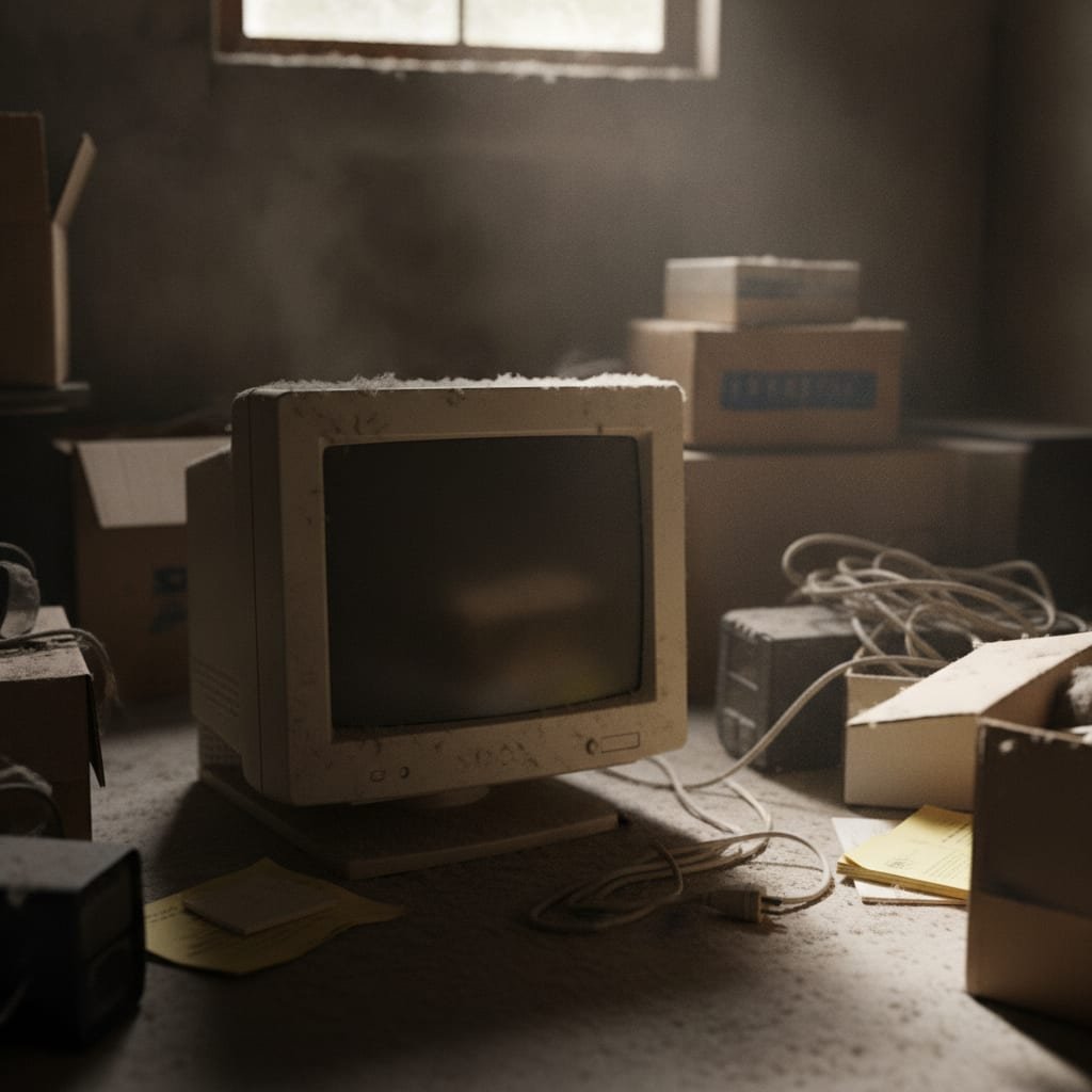 An old, unplugged computer monitor sitting in a dim storage room corner.