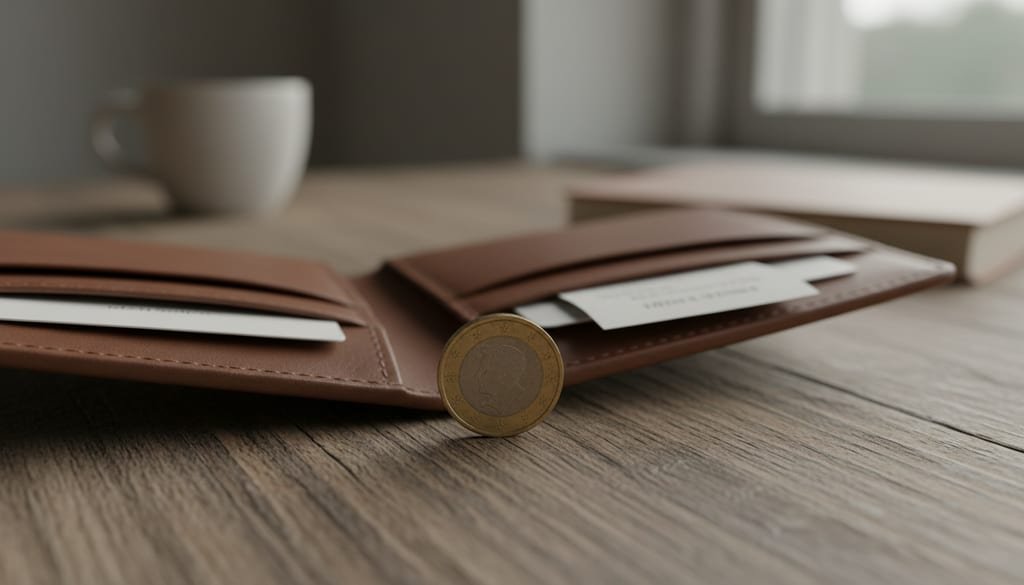 An open wallet rests on a table with one coin placed next to it.
