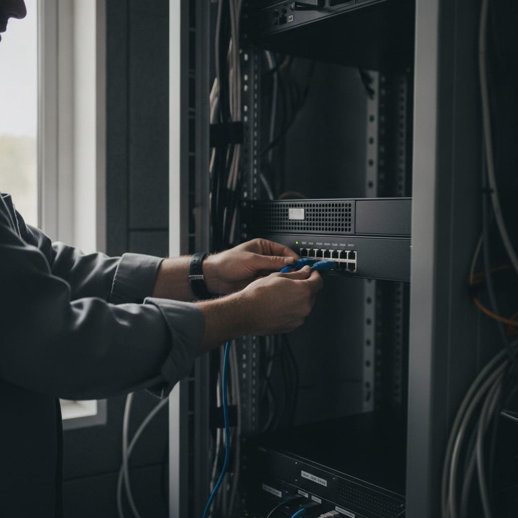 Close-up of hands connecting a network cable to a rack-mounted server in a small server room.