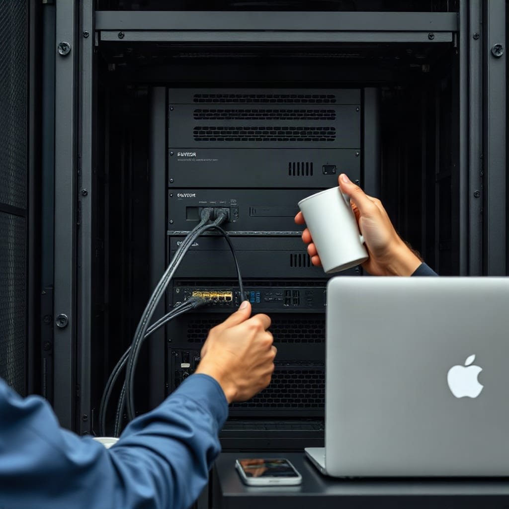 Close-up of hands moving a network cable between two servers in a rack.