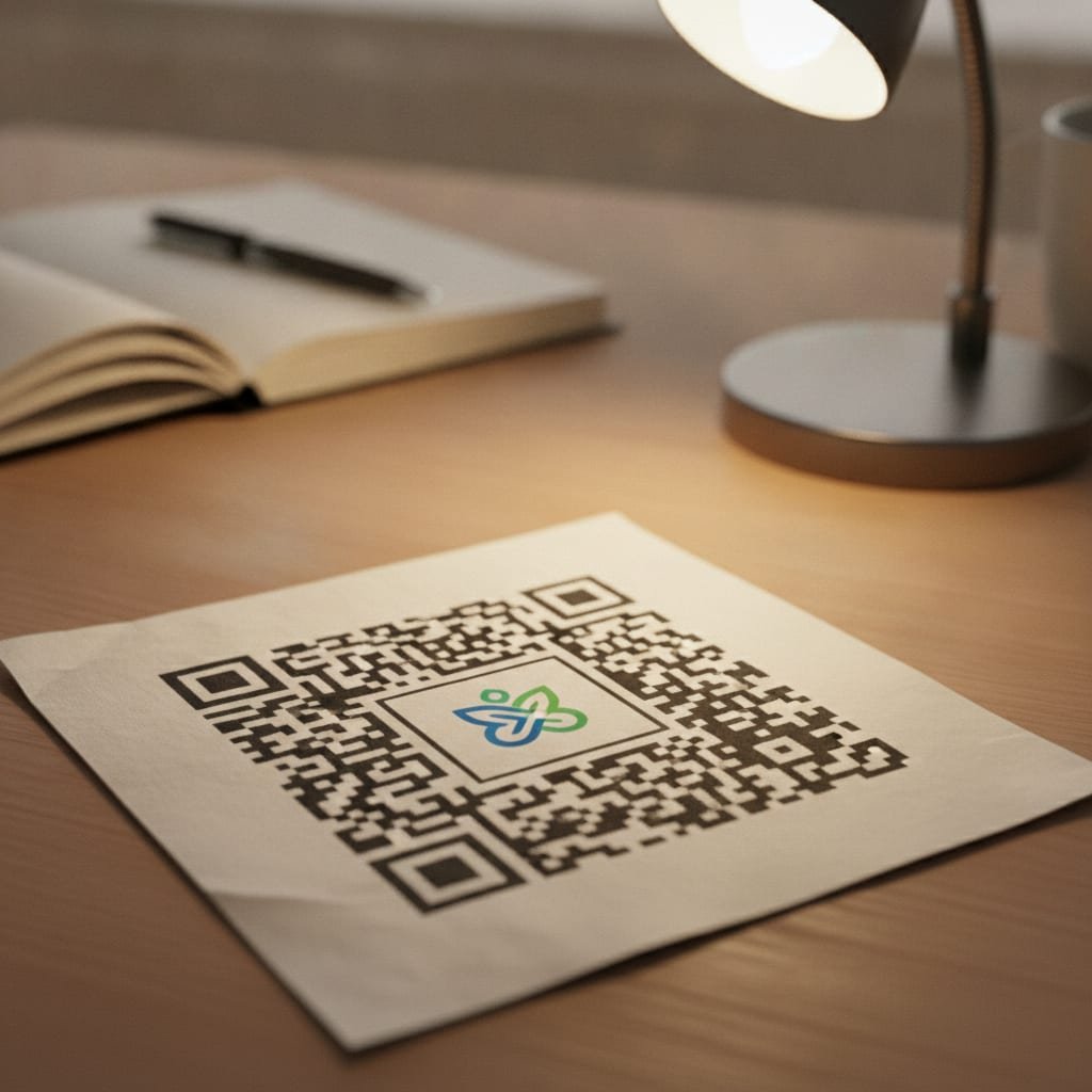 Close-up view of a printed QR code with a small logo graphic inserted in the middle of its pattern.
