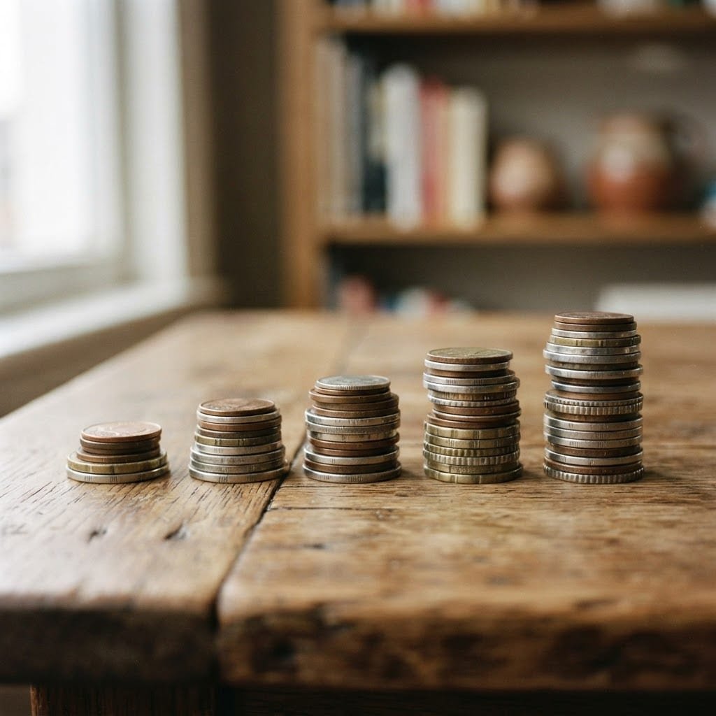 Five stacks of coins growing taller from left to right