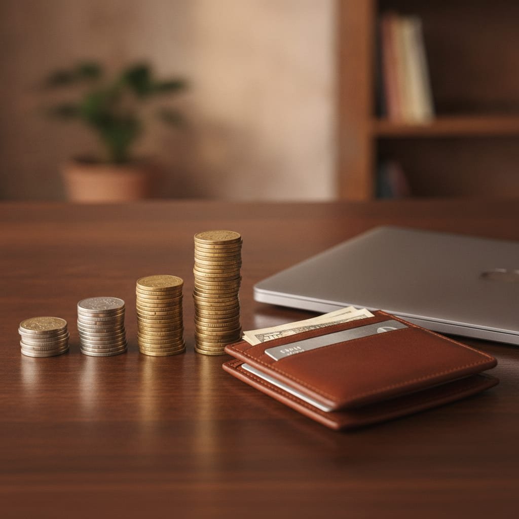 Five stacks of coins rising in height in a row on a desk beside an open wallet and a closed laptop.