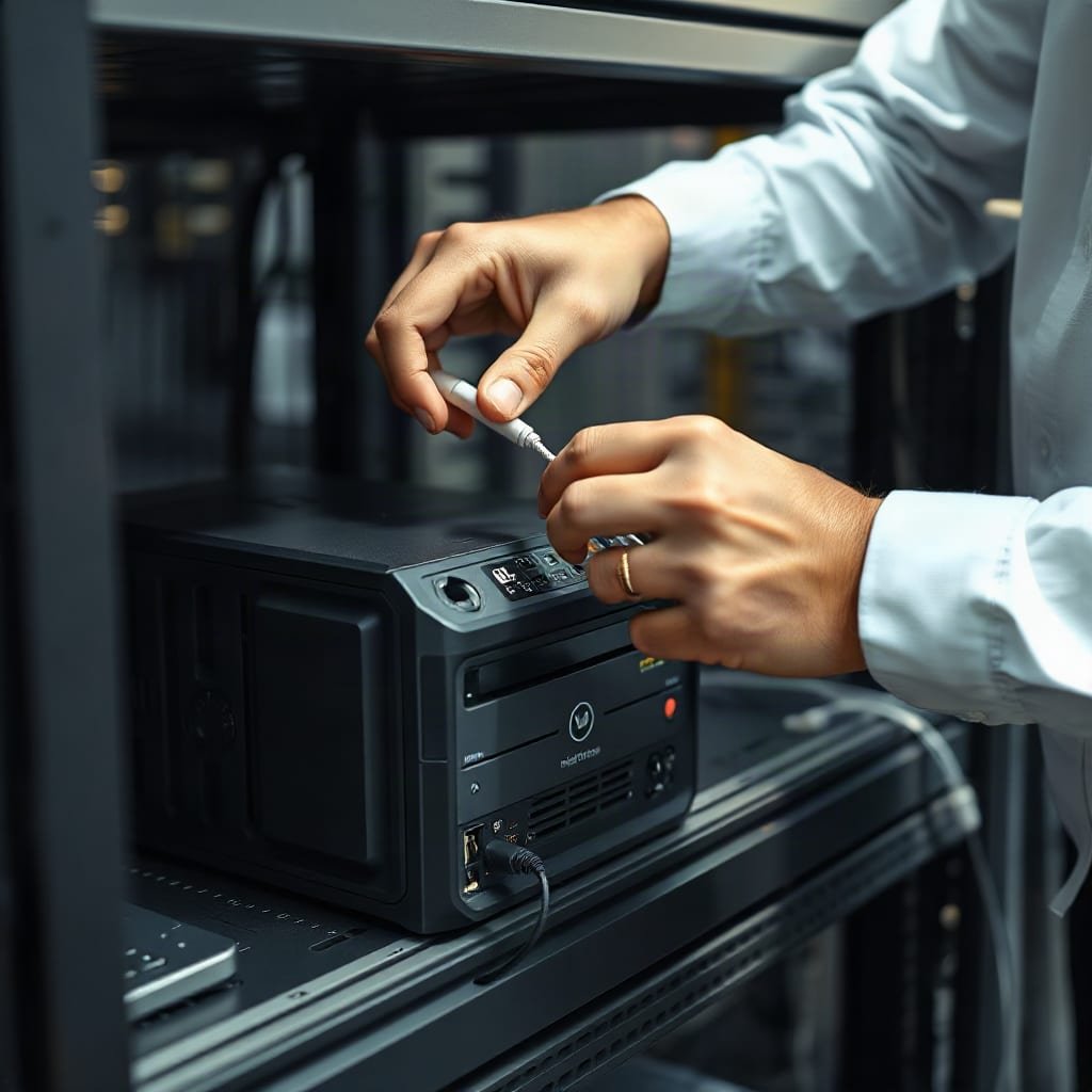 Hands moving a network cable from one small server to another on a rack shelf.