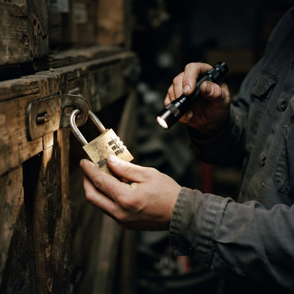 Hands shining a flashlight on a padlock to inspect it closely.