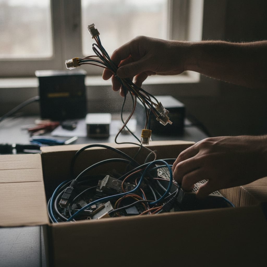 Hands sort through a box of old cables and hardware components, holding one piece up for inspection.